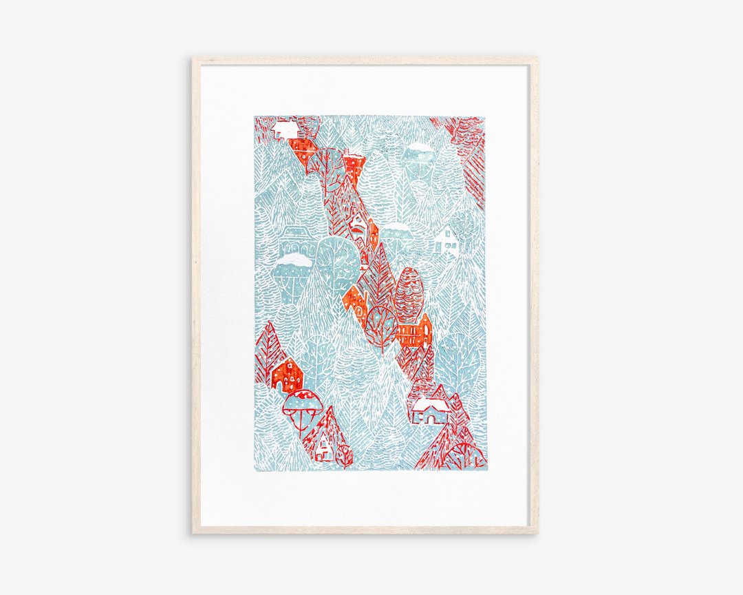 蓝色冬季森林红色房屋 Linocut 印花假日墙艺术客厅装饰 - 海报/装饰画/版画 - 纸 蓝色