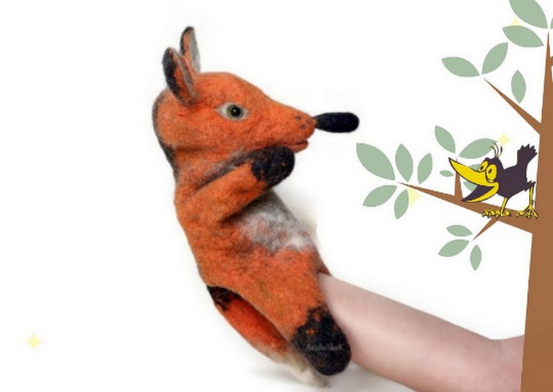 Red fox puppet made of wool for puppet theater, an environmentally friendly toy. - 玩具/玩偶 - 羊毛 橘色