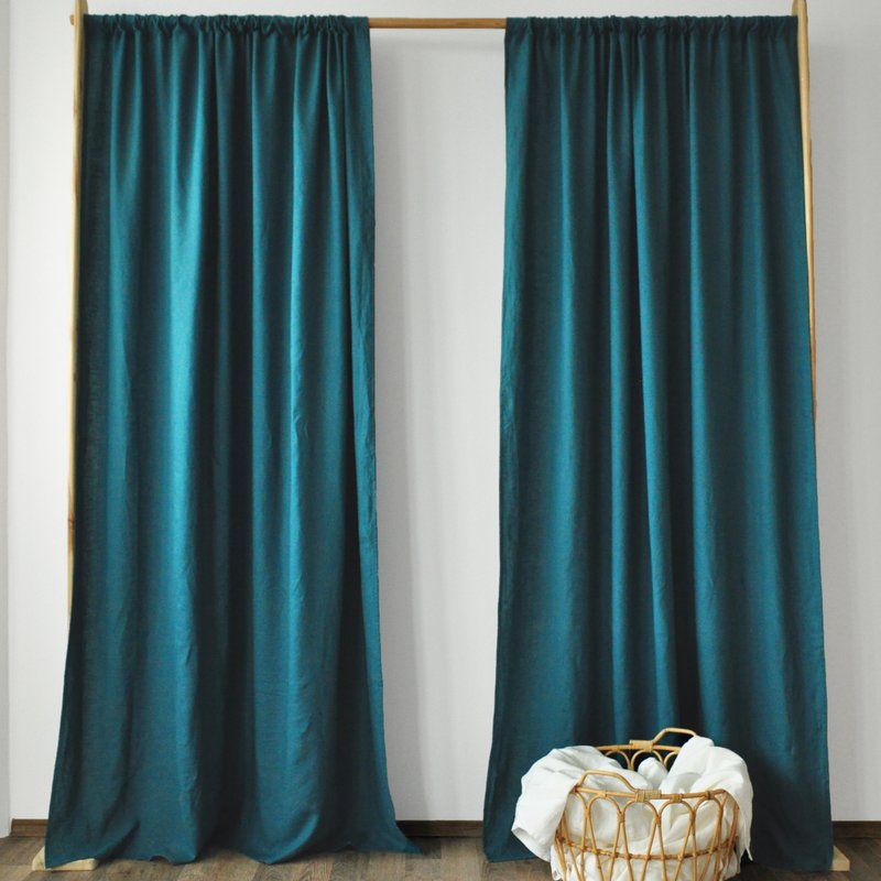Teal regular and blackout linen curtains / Custom curtains / 2 panels - 门帘/门牌 - 亚麻 蓝色