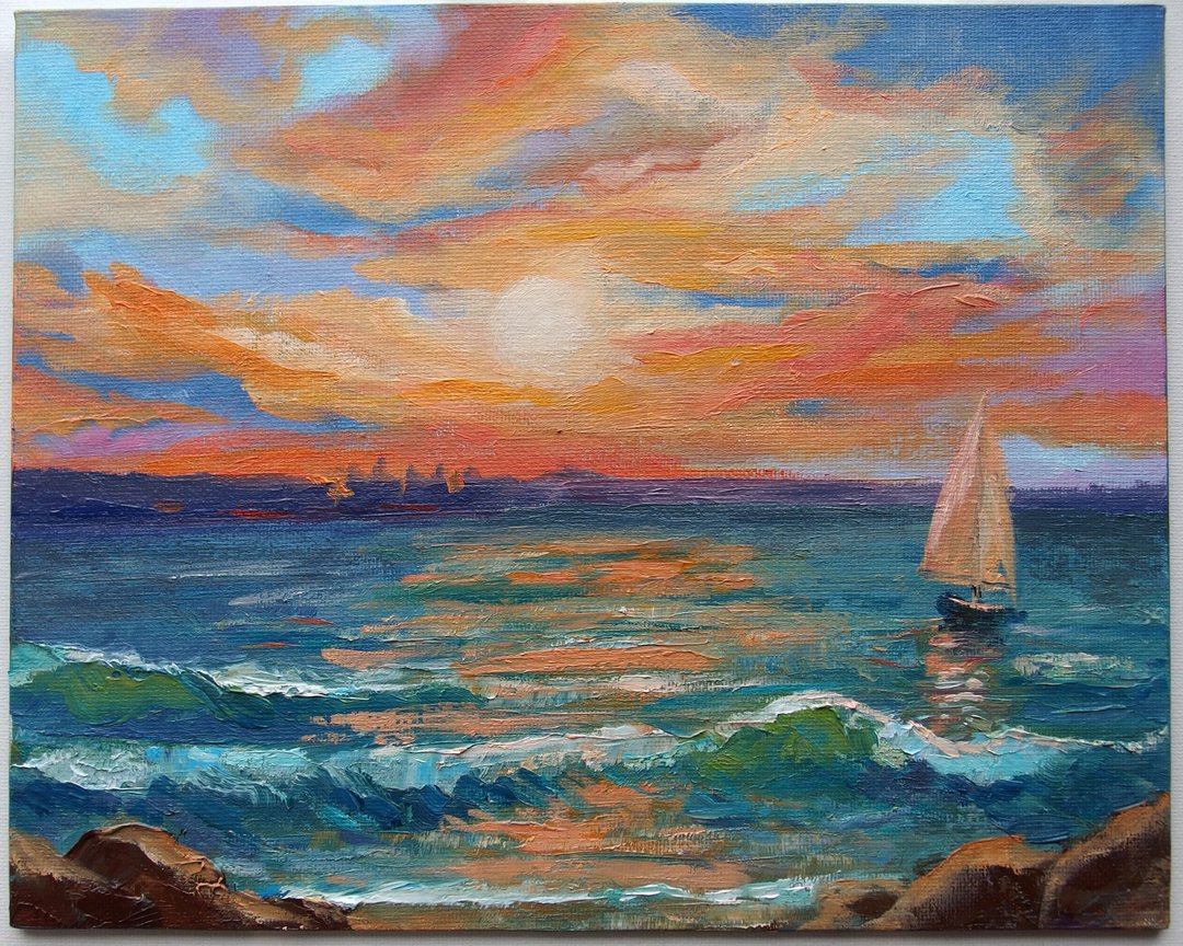 海景日落和公海销售船独家油画布面 - 墙贴/壁贴 - 其他材质 橘色