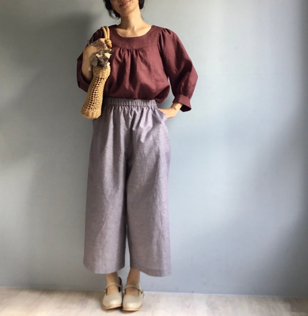 古堡美酒/酒红色酵素洗亚麻澎澎袖/七分袖方领上衣100%Linen - 女装上衣 - 棉．麻 