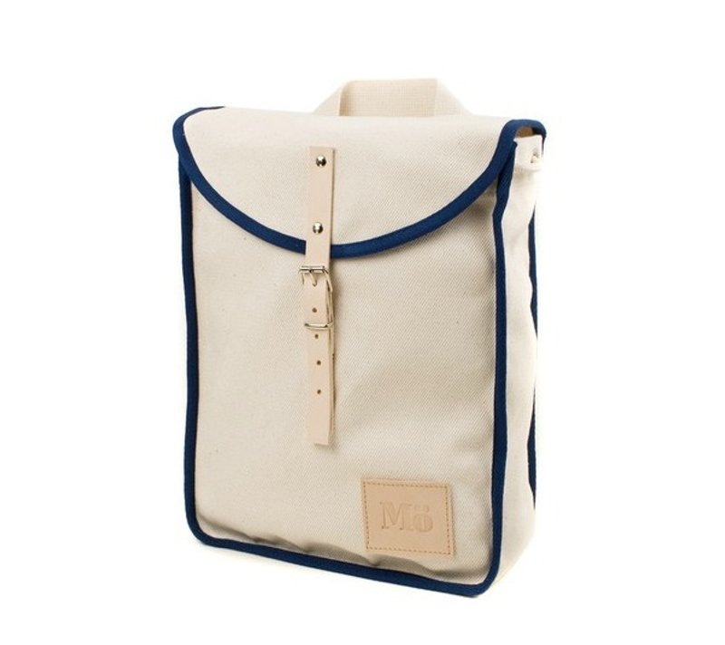 Mödernaked [西班牙手工制作] Heap Backpacks 100%纯棉|皮革|拼接|抽绳 后背包 (白＋蓝边) - 后背包/双肩包 - 棉．麻 白色