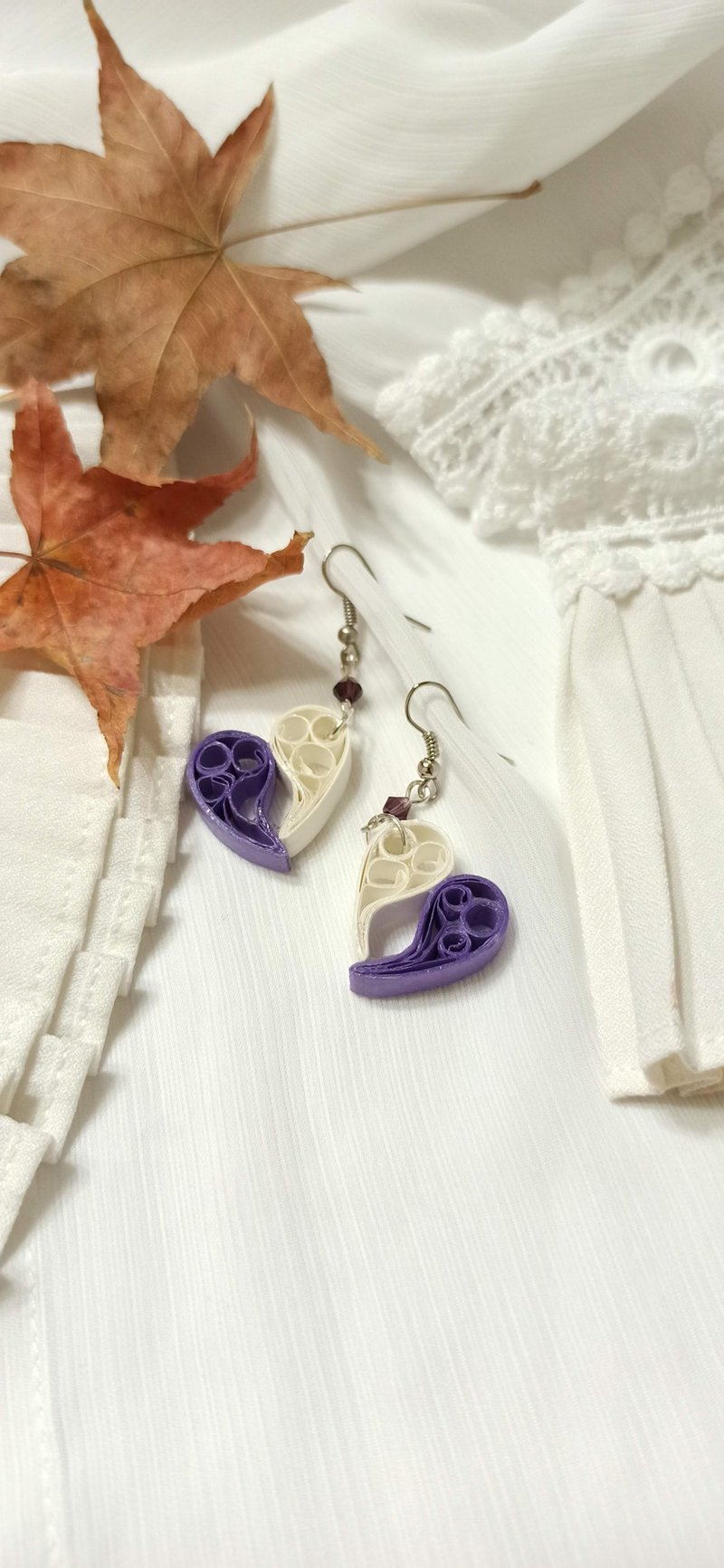 纸工艺 衍纸 卷纸 手作饰品—挂心 / 紫色 - 耳环/耳夹 - 纸 紫色
