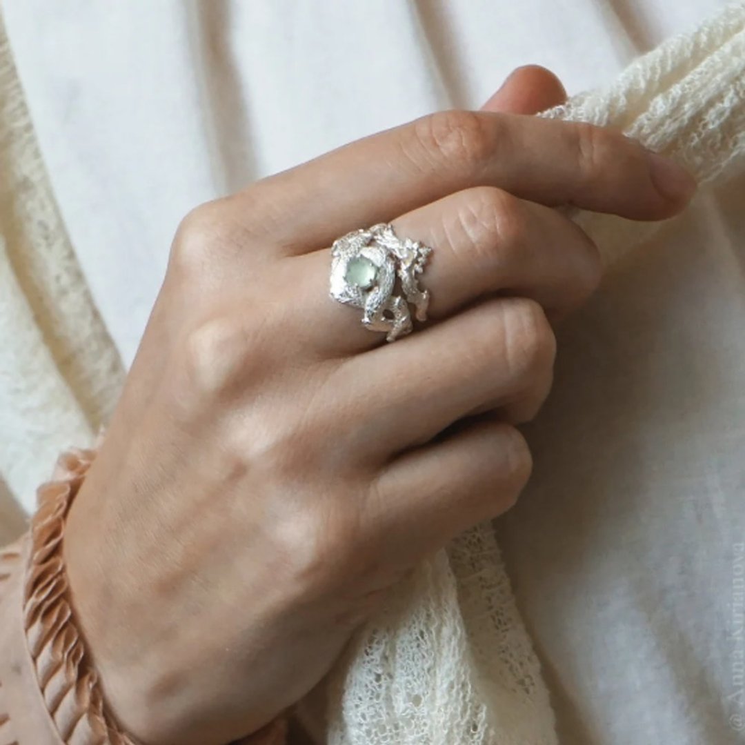 Set of Dragon Rings with Prehnite and Leaf and Vine Rose Quartz Ring - 戒指 - 纯银 银色