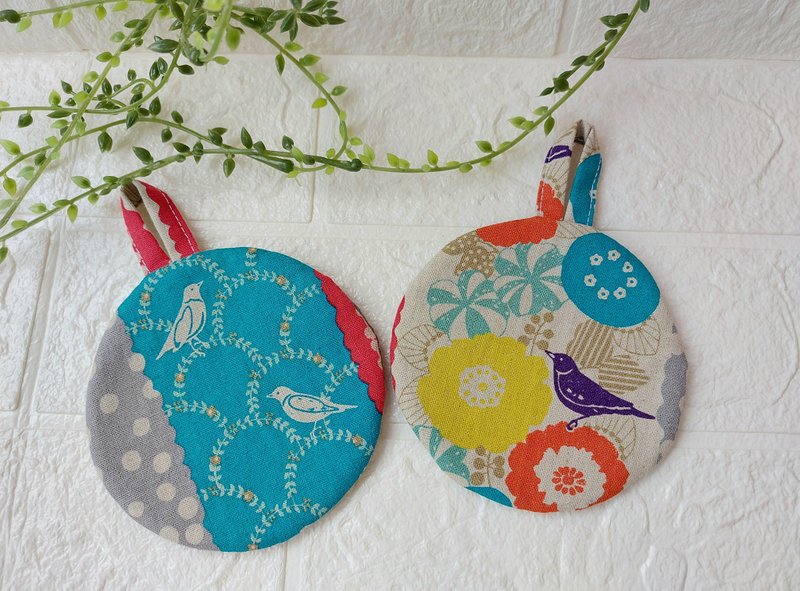 |Handmade| 一组两片| 花鸟拼灰金双面杯垫 | 麻棉| 接单订制 - 杯垫 - 棉．麻 