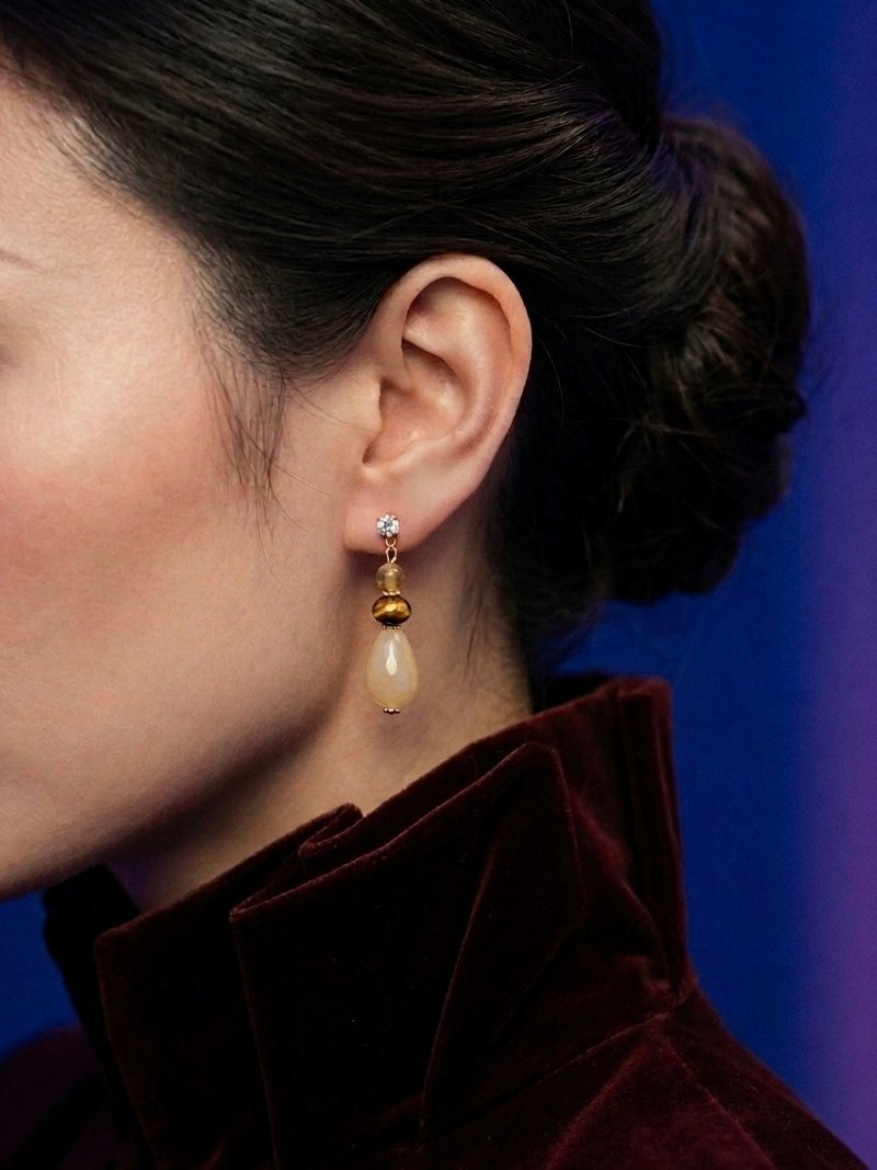水晶系列 - 金丝玉水滴耳环 - 耳环/耳夹 - 水晶 黄色
