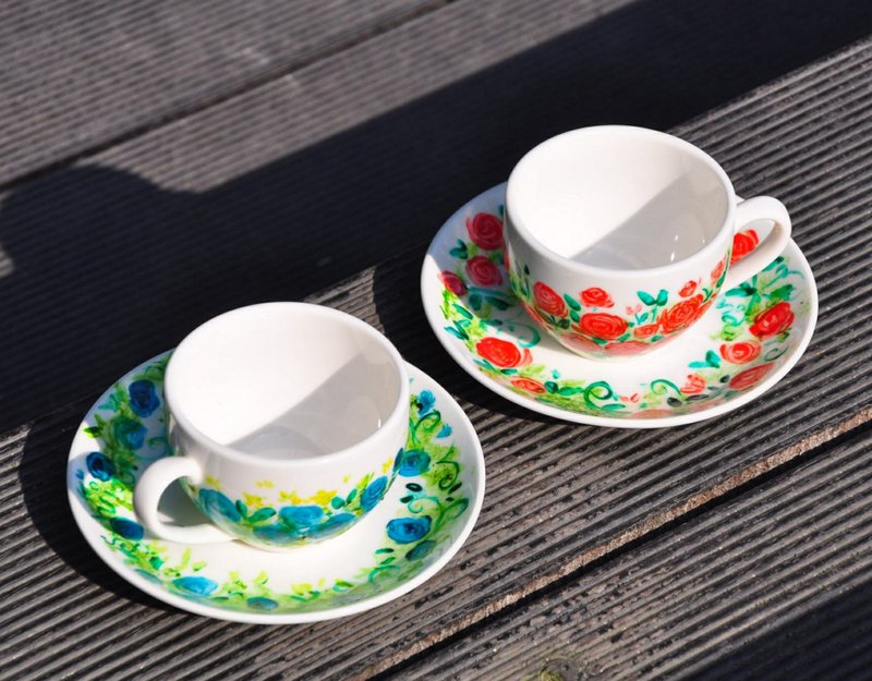 手绘玫瑰杯盘组 - 咖啡杯/马克杯 - 颜料 