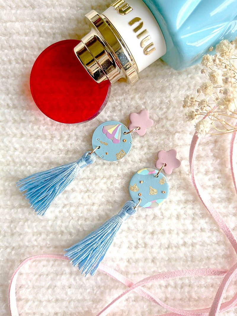 NAZNADesign-低温陶瓷手工耳饰-宝石之国-蓝色穗花(可改夹) - 耳环/耳夹 - 粘土 粉红色