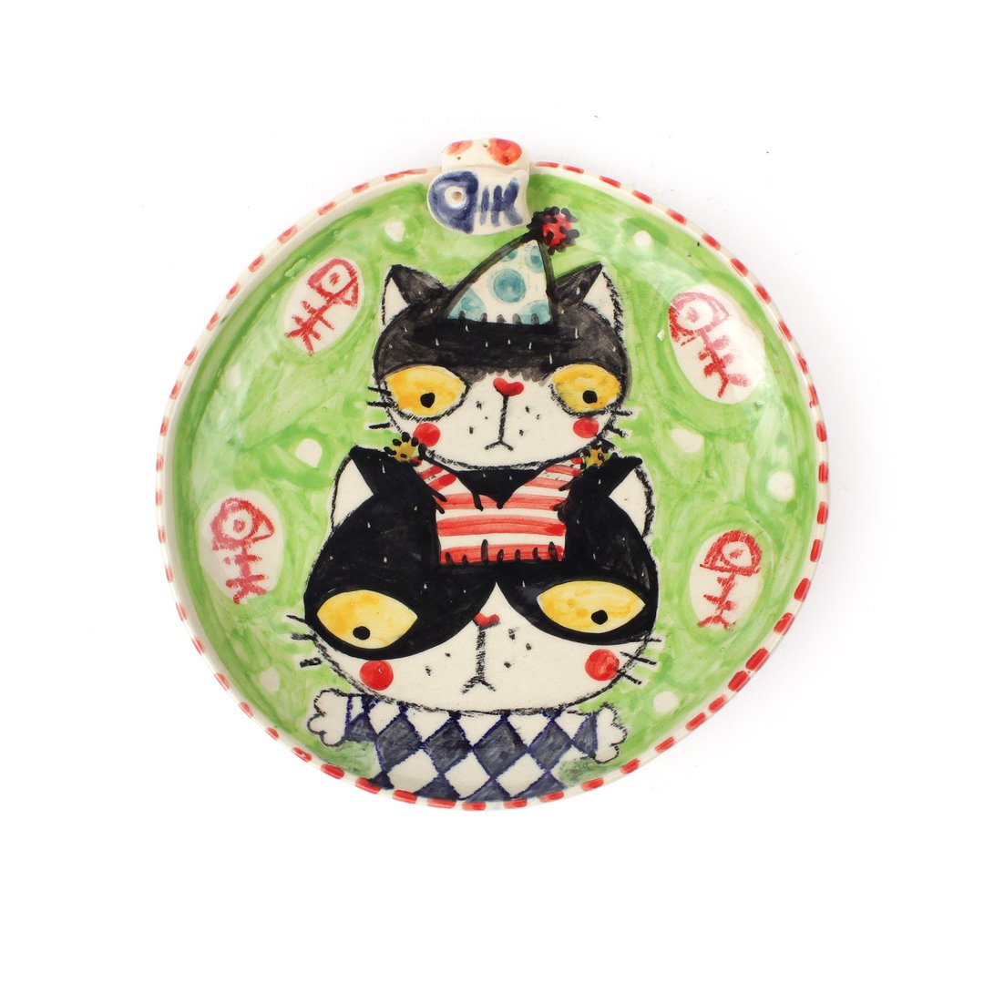 Nice Little Clay 手工浅盘 可爱猫 0303-37 - 浅碟/小碟子 - 陶 白色