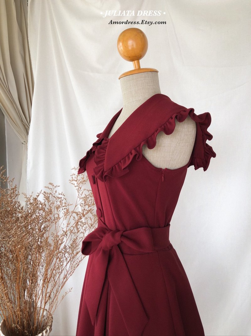 Julieta dress princess Korean party dress big collar with ruffle trim vintage - 洋装/连衣裙 - 聚酯纤维 红色