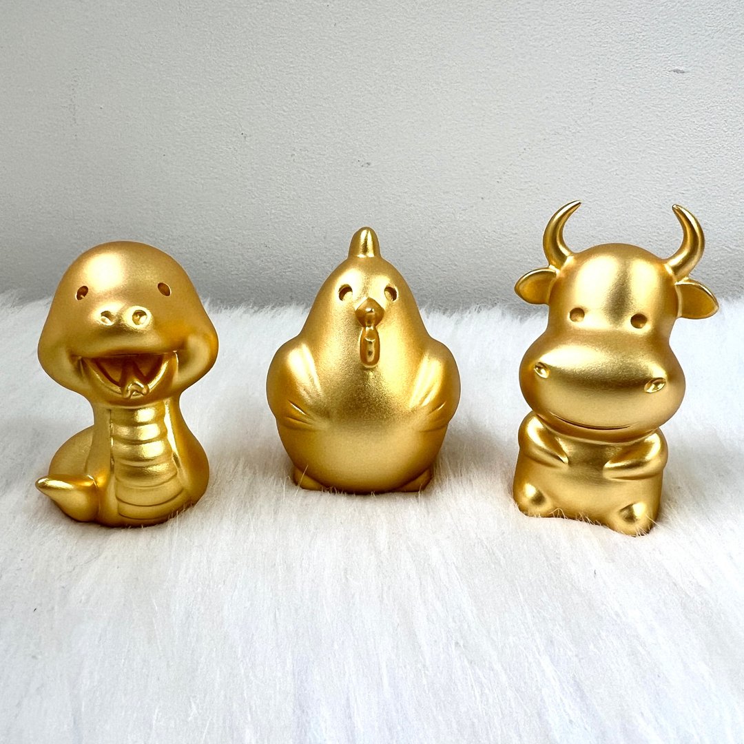 【三合贵人组合】十二生肖铜镀金摆件 - 蛇、鸡、牛 | 奇门风水摆 - 摆饰 - 铜/黄铜 金色