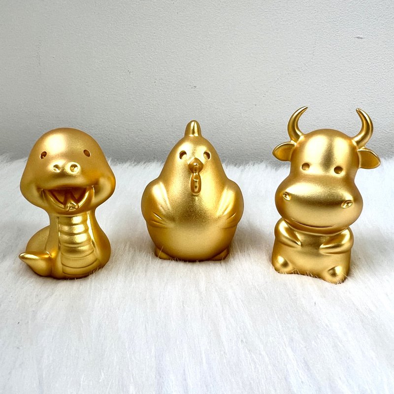【三合贵人组合】十二生肖铜镀金摆件 - 蛇、鸡、牛 | 奇门风水摆 - 摆饰 - 铜/黄铜 金色