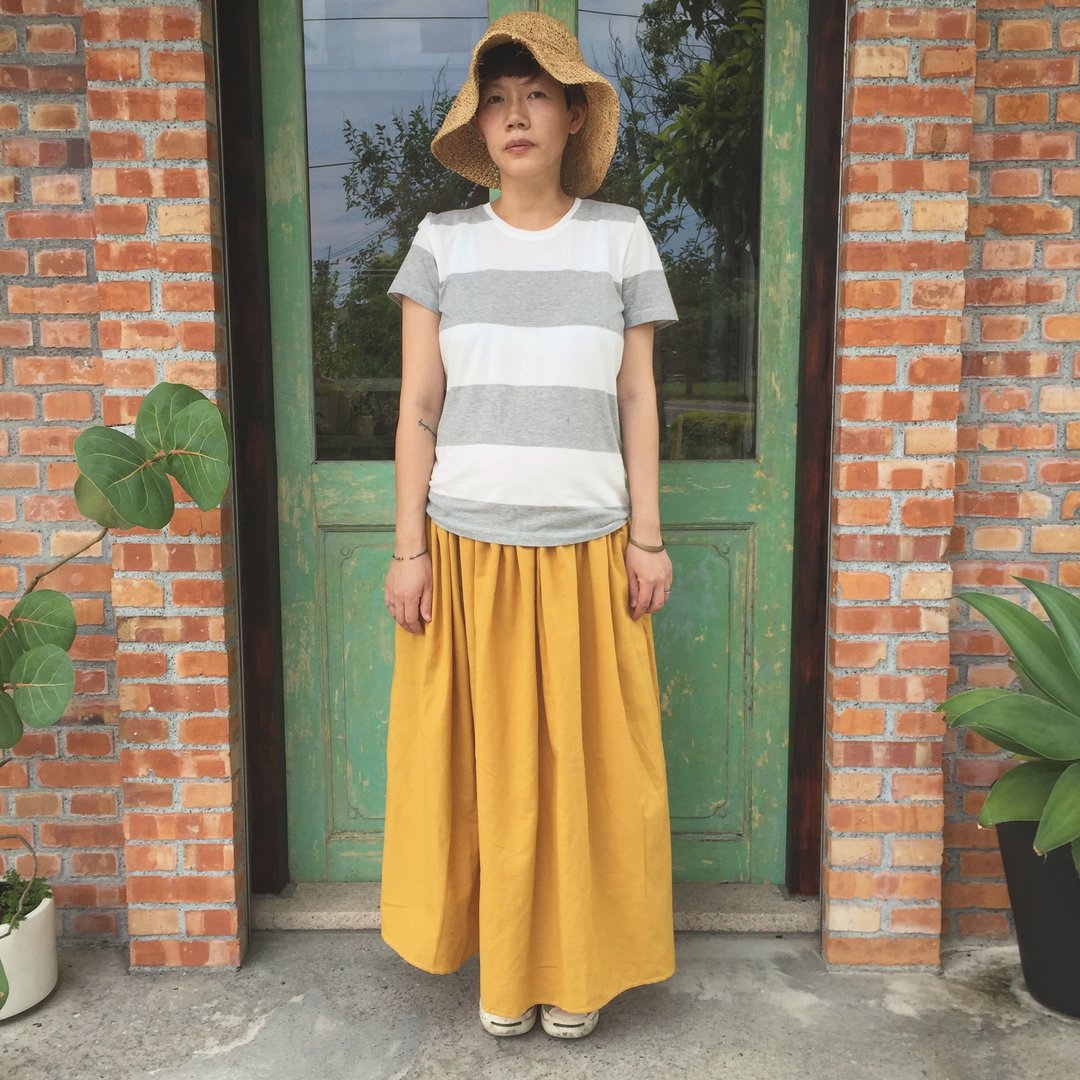 手工自然棉麻材质  芥末黄森林系长版口袋圆裙 - 裙子 - 棉 橘色