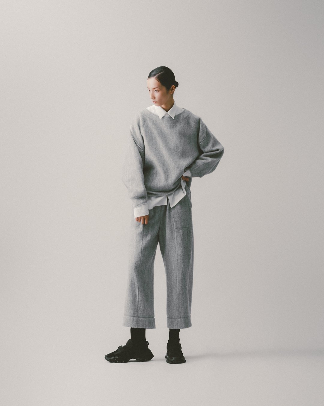 UUIN_刷毛感拼接设计休闲长裤(灰) - 女装长裤 - 羊毛 灰色