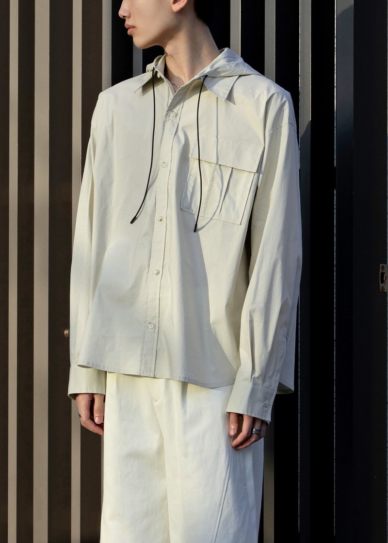 连帽抽绳衬衫 - 男装衬衫 - 棉．麻 卡其色