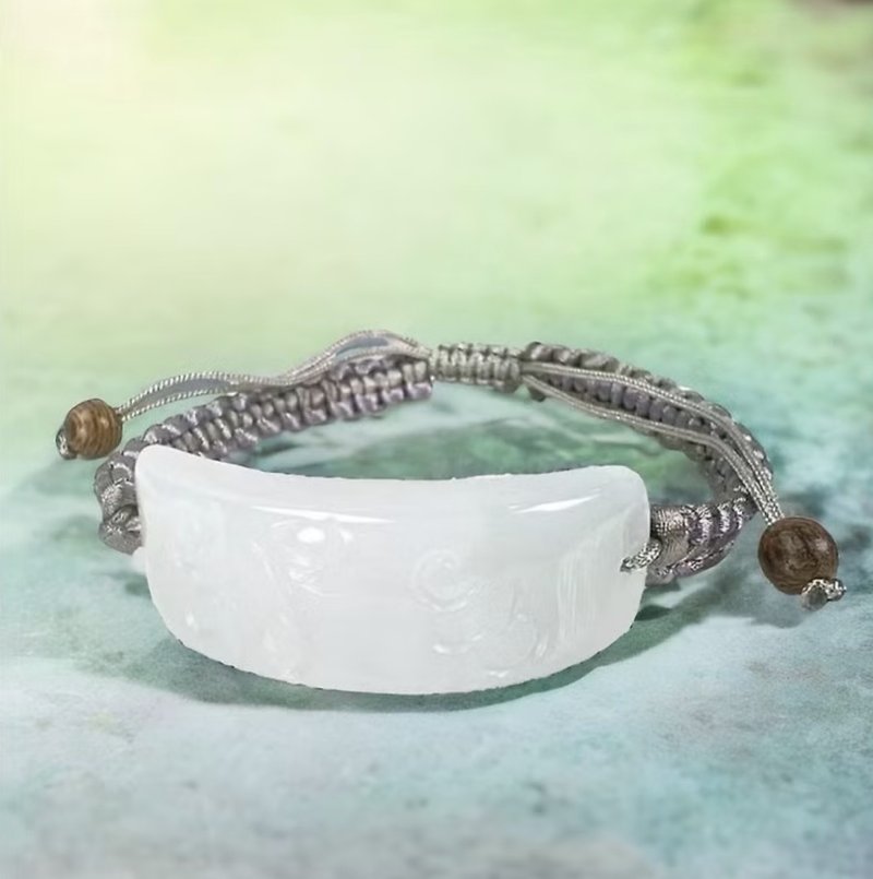 【愿·无事】冰种翡翠雕花无事牌编织手链 | 天然缅甸翡翠 | 送礼 - 手链/手环 - 玉石 白色
