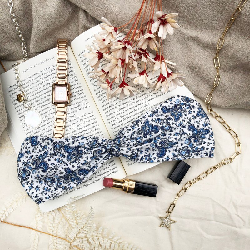 希腊花墙 / 蓝 变形虫 / 宽版 松紧手工发带 - 发带/发箍 - 棉．麻 