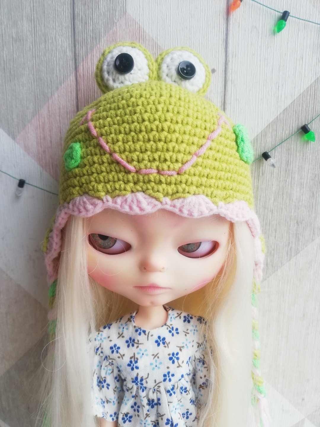 Blythe hat crochet green Frog - 玩偶/公仔 - 棉 绿色