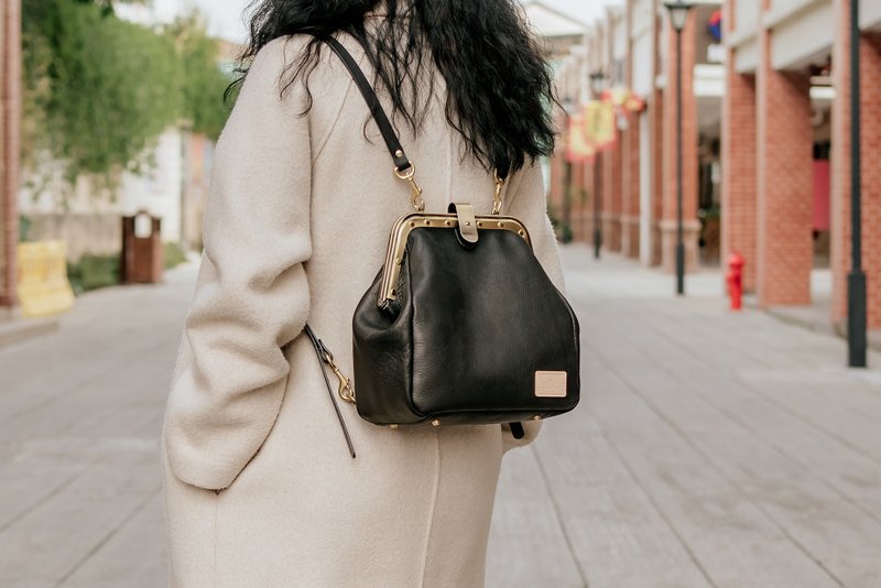 【切线派】传统日式口金背包真皮复古医生包女士背包手工皮包黑 - 公文包/医生包 - 真皮 黑色