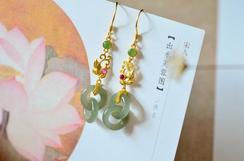 天然和田玉/和阗玉 晴水玉环环. 925纯银设计耳勾耳环s - 手链/手环 - 玉石 绿色