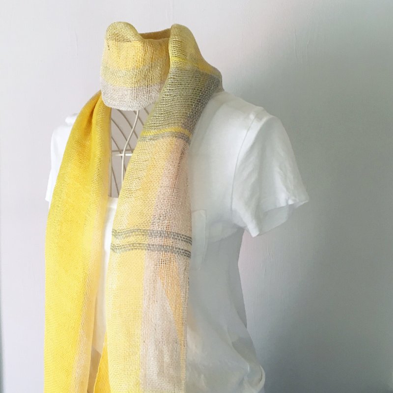 【French / Belgian linen & hemp & cotton: all season】 Unisex: hand-woven stole "Yellow Mix 2" - 丝巾 - 棉．麻 黄色