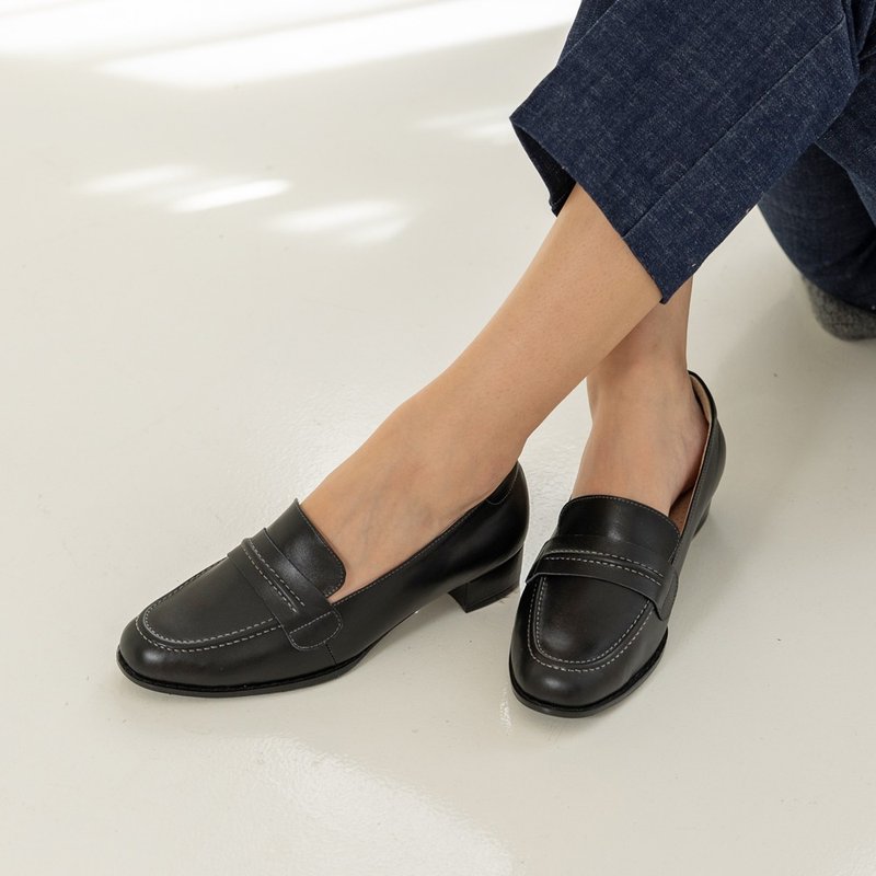 声声慢方头低跟鞋-墨黑 - 女款牛津鞋/乐福鞋 - 真皮 黑色