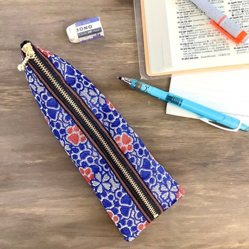 【爪子与樱花】榻榻米边四角形笔袋和风蓝红爪印狗 - 铅笔盒/笔袋 - 其他材质 蓝色