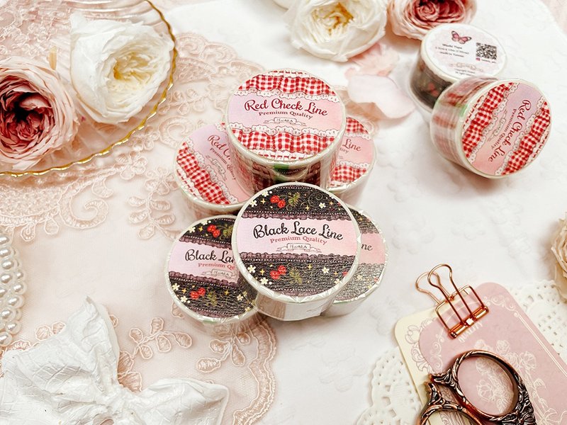 和纸胶带 红格纹与黑蕾丝线条 - 纸胶带 - 纸 