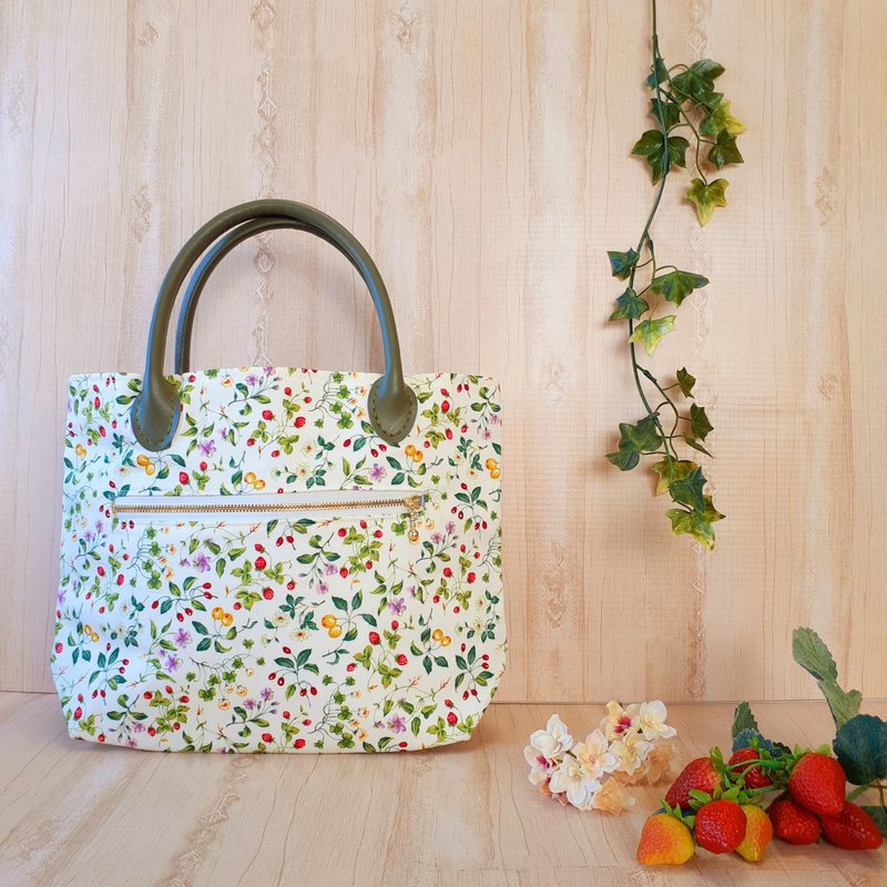 卡其色 手提包 水果图案 小花图案 迷你托特包 春季 小花 水果 坚果 草花 结实手把包 手把合成皮革 附拉链口袋 - 手提包/手提袋 - 棉．麻 