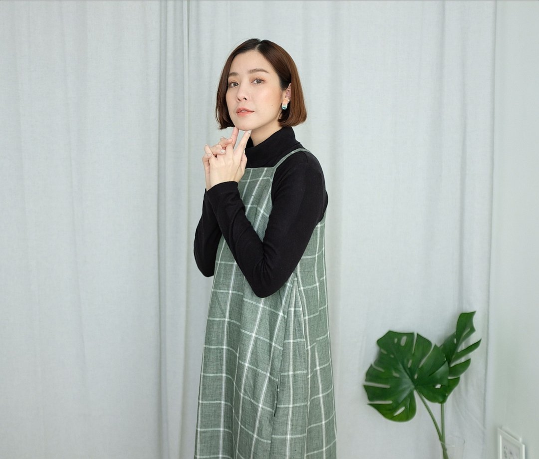 WHITEOAKFACTORY Lucy maxi dress with side pocket - Green grey (Free size) - 洋装/连衣裙 - 棉 灰色
