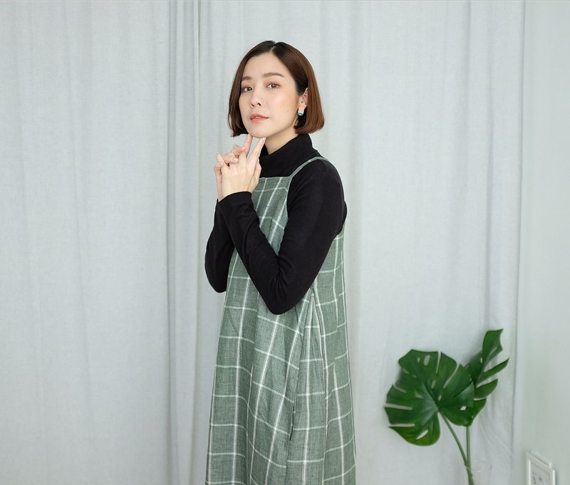 WHITEOAKFACTORY Lucy maxi dress with side pocket - Green grey (Free size) - 洋装/连衣裙 - 棉．麻 灰色