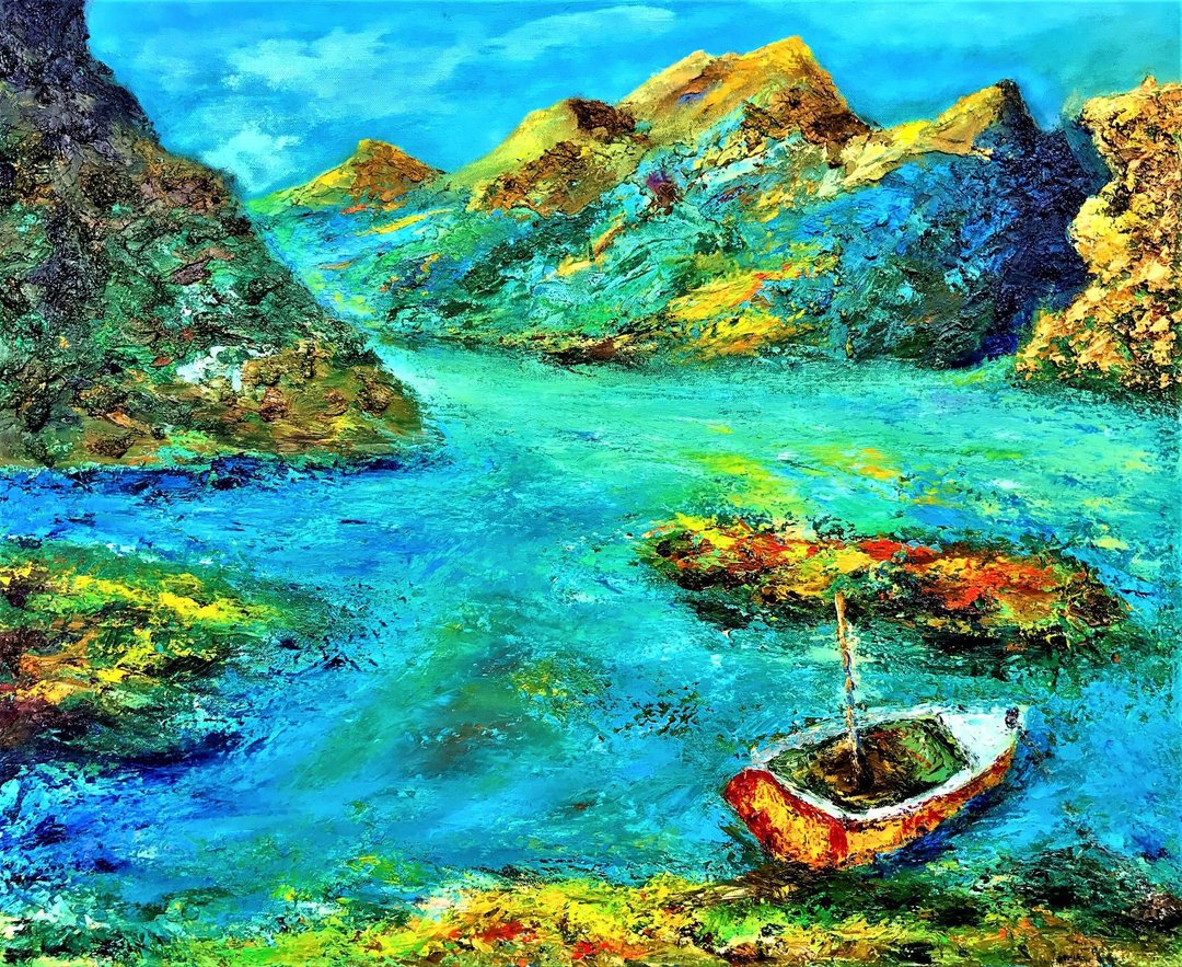 手工油画 峡中舟 包邮  挂画壁画 装饰疗愈画 画笔和调色刀创作 - 海报/装饰画/版画 - 棉 多色