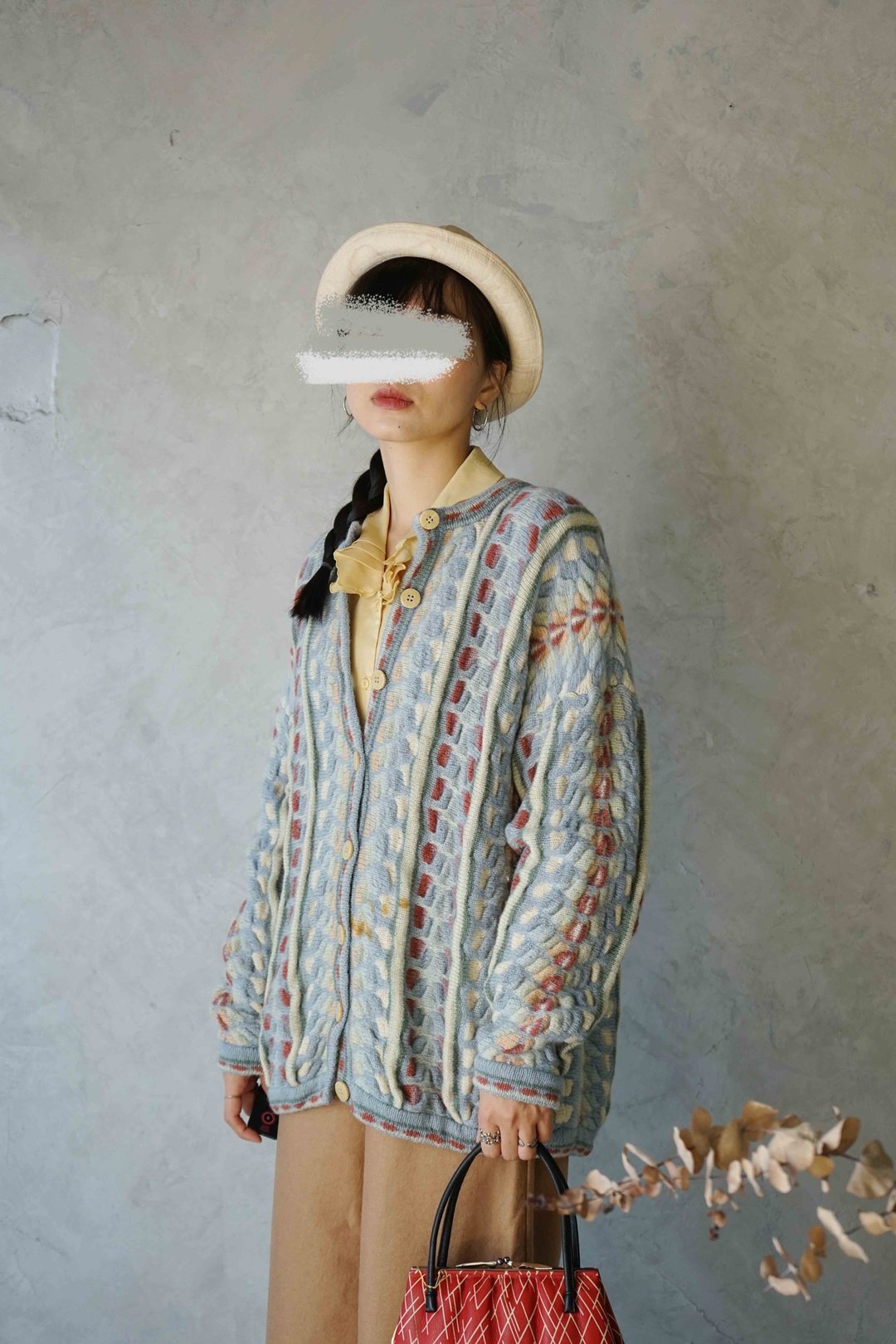 寻宝古着-灰蓝粉彩笔立体织纹针织外套 - 女装针织衫/毛衣 - 羊毛 蓝色