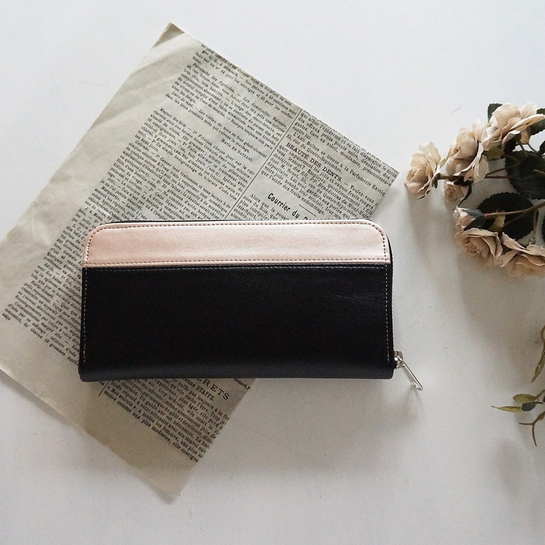 Elegant Bicolor Round Zipper Purse pinkGold　Black - 皮夹/钱包 - 真皮 粉红色