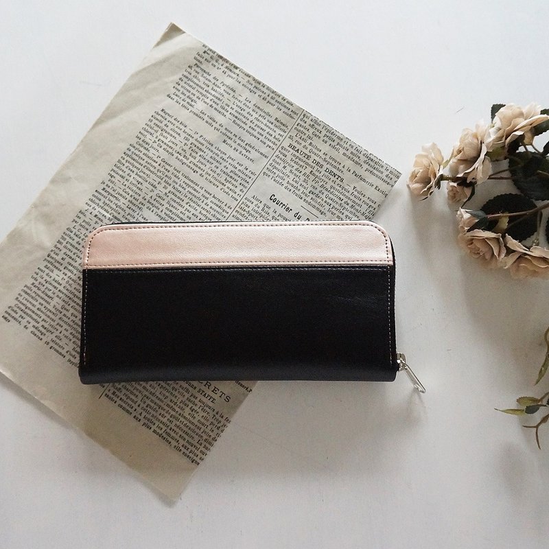Elegant Bicolor Round Zipper Purse pinkGold　Black - 皮夹/钱包 - 真皮 粉红色