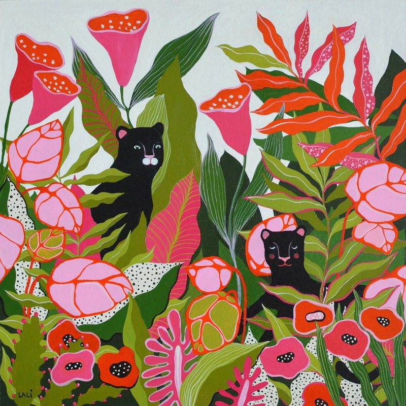 黑美洲虎原创丙烯画 30x30cm 黑豹丛林艺术 - 插画/绘画/写字 - 其他材质 绿色