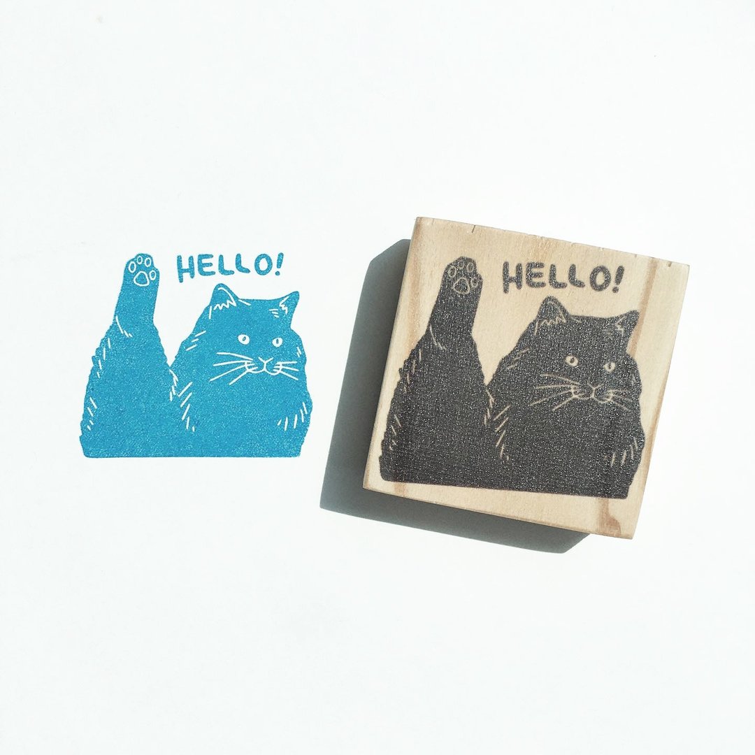 Hello Cursed Black Cat Meme Rubber Stamp snail mail wooden block stamp - 印章/印台 - 木头 