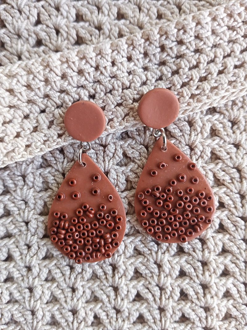 Terracotta Bohemian Abstract Drop Stud Earrings*Handmade polymer clay earrings - 耳环/耳夹 - 粘土 咖啡色