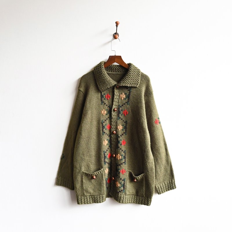 【蛋植物古着】森雅精灵线绣开襟古着毛衣 - 女装针织衫/毛衣 - 其他人造纤维 绿色