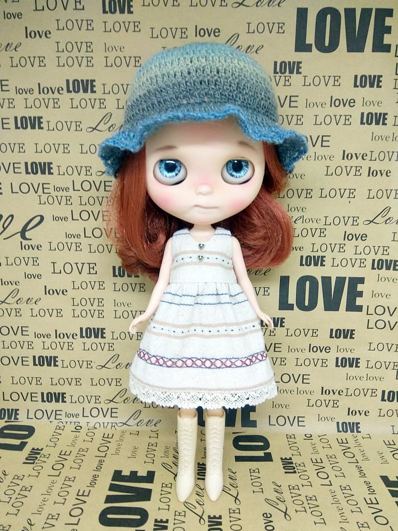 Embroidered dress and knitted hat for neo blythe dolls, Pullip. - 玩偶/公仔 - 棉．麻 蓝色