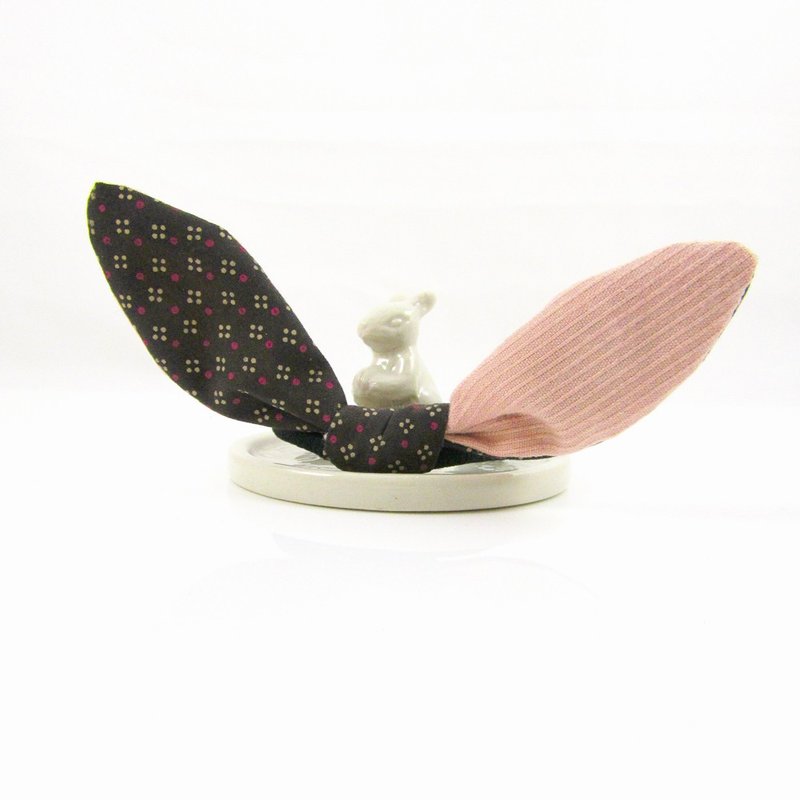 幸福日常 - 手工兔耳蝴蝶结发圈 发束 - 发饰 - 棉．麻 咖啡色