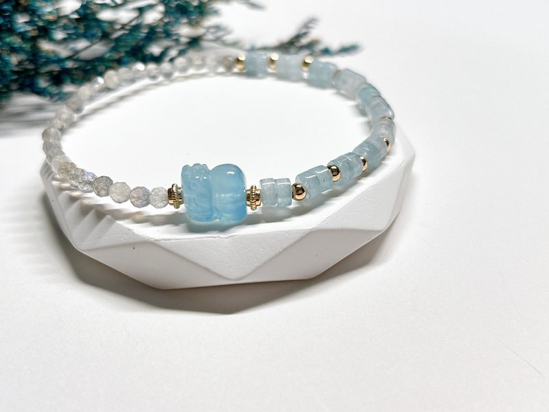 光守系列 l 海蓝宝貔貅。海蓝宝圆片 + 拉长石。手环 - 手链/手环 - 水晶 蓝色