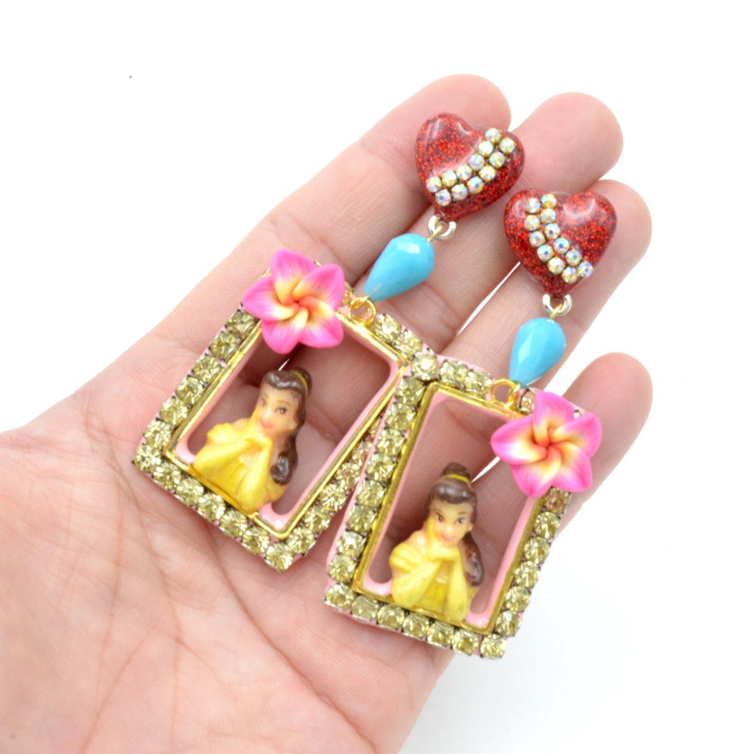 粉红配黄色施华洛水晶公主耳环 PRINCESS相框EARRINGS - 耳环/耳夹 - 其他材质 多色