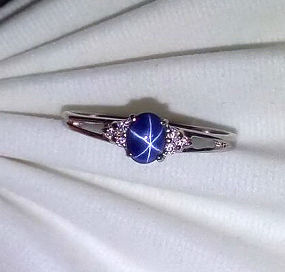 Natural star sapphier ring silver sterling birthday size 7.0 free resize - 戒指 - 纯银 蓝色