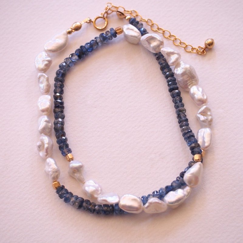 巴洛克珍珠 蓝晶石 14KGF 包金项链 Peal Kyanite Necklace - 项链 - 珍珠 蓝色