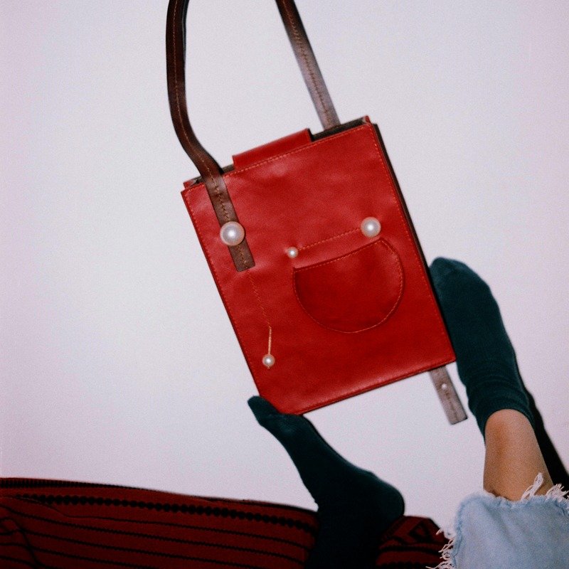 栗子先生LIZSUNG 手工定制 复古珍珠托特包 红色单肩包斜挎包 - 侧背包/斜挎包 - 真皮 红色