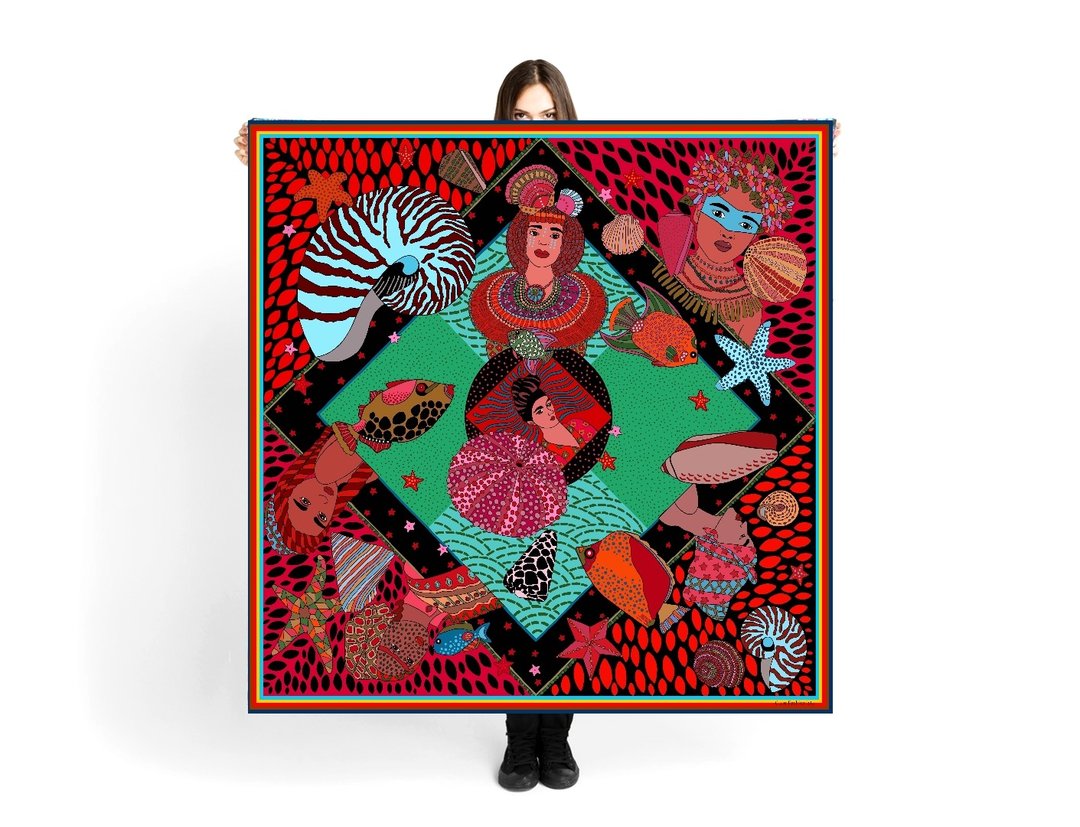 Large Scarf "Le Ballet Nautique" 140x140cm - 围巾/披肩 - 聚酯纤维 红色