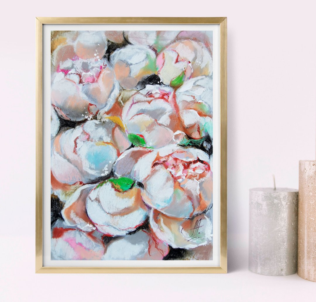原始的粉彩画。纸上花卉画 - 墙贴/壁贴 - 其他材质 粉红色