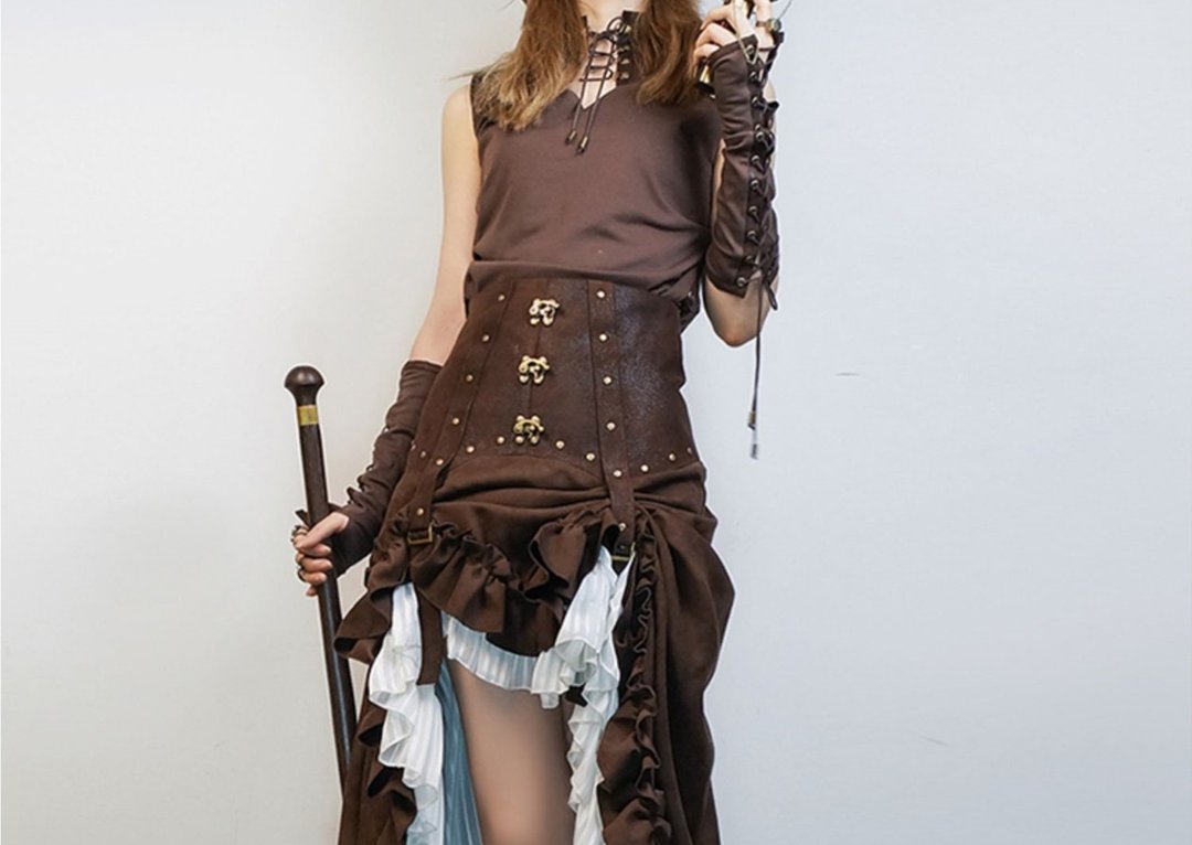 蒸汽朋克 steampunk穿绳抽带 复古半指手袖 - 手套 - 棉 咖啡色