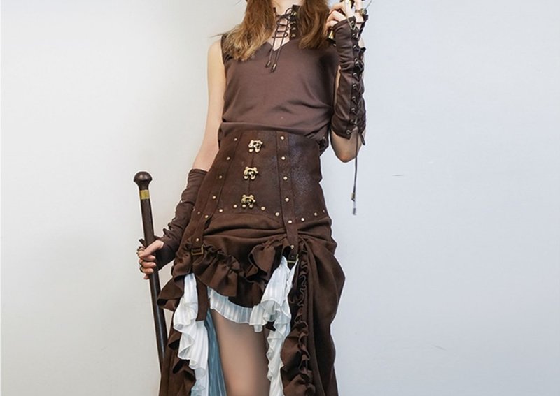 蒸汽朋克 steampunk穿绳抽带 复古半指手袖 - 手套 - 棉．麻 咖啡色